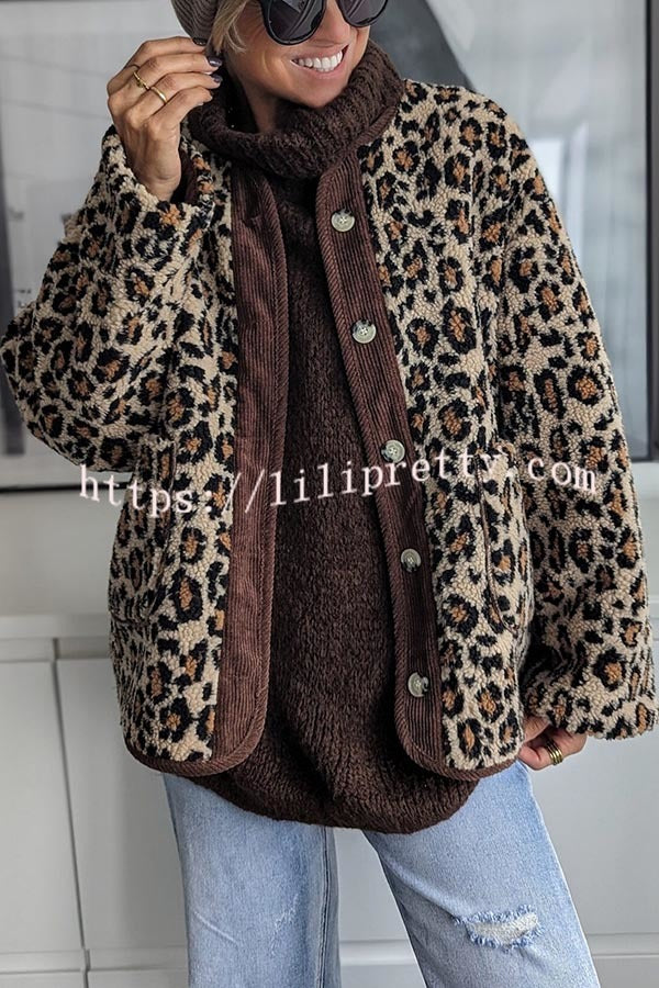 Warm Feel Colorblock Leopard Print Plush Button Up Pocketed Teddy Jacket