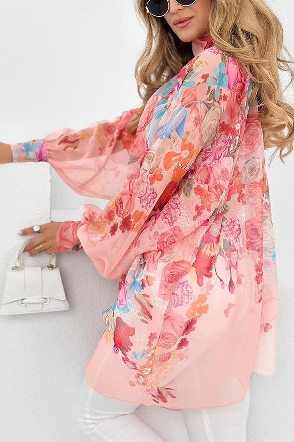 Chiffon Floral Print Turtleneck Long Sleeve Loose Top