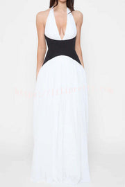 Fashionable Color Matching Sexy Halter Neck Waist Maxi Dress