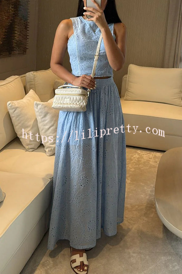 Kaya Embroidery Hollow Lace Back Smocked Tank and Elastic Waist A-line Maxi Skirt Set