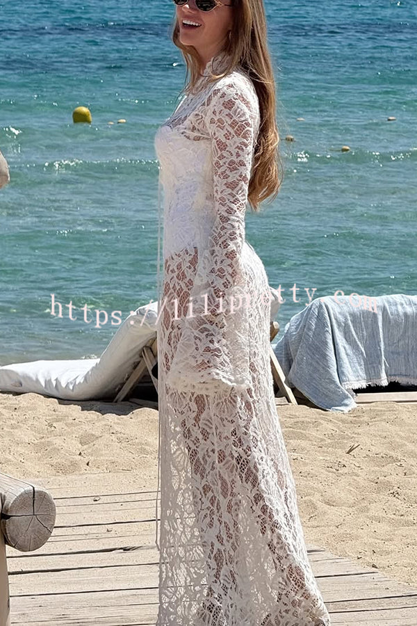 Garcelle Floral Lace Lace-up Long Bell Sleeve Slit Midi Dress