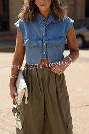 Stylish Weekend Denim Button Up Cape Sleeve Pocket Crop Top
