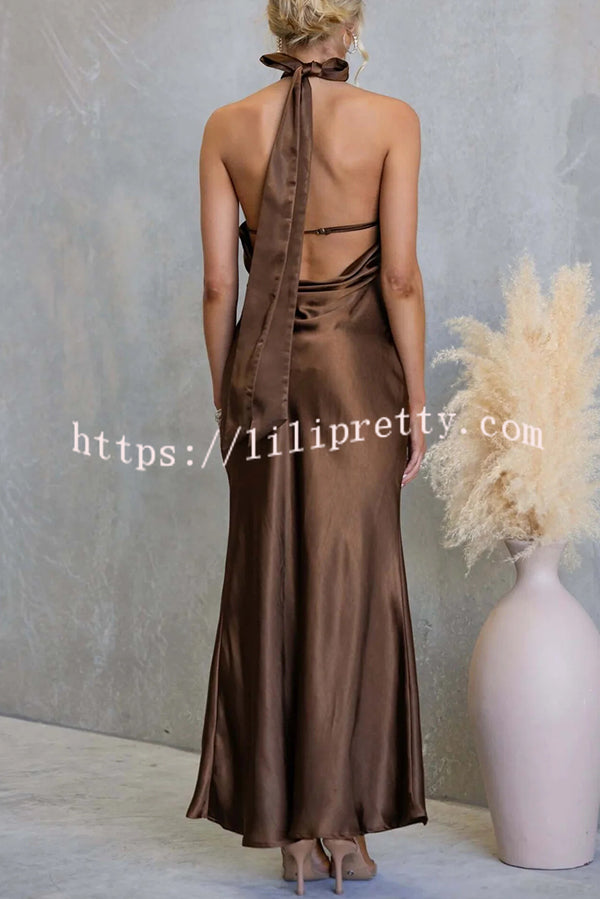 Satin Fashion Halter Backless Slim Elegant Maxi Dress