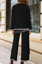 Lilipretty Tanming Long Sleeved Knitted and Wide Leg Pants Two Piece Set