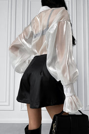 Fashion Lapel Long Sleeve Ruffled See-through Casual Shirt