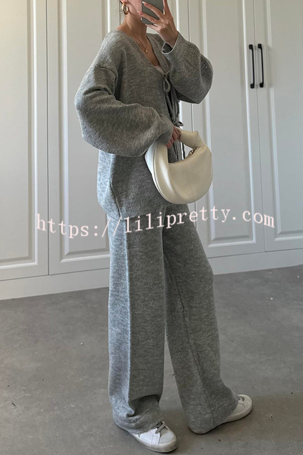 Solid Color V-neck Tie Long-sleeved Loose Knit Cardigan and Elastic Waist Casual Straight Leg Pants Set