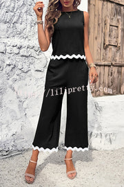 Lilipretty Wave Trimmed Round Neck Buttoned Elastic Waist Pants Suit