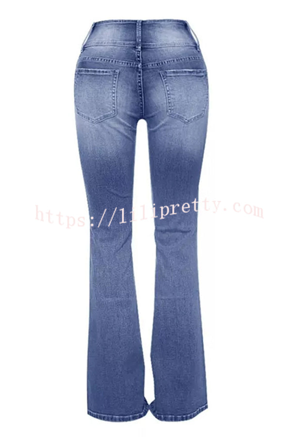 Vintage Side Button Pocket Mid-rise Flared Jeans