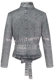 Casual Meetup Denim Stand Neck Long Sleeve Belted Loose Jacket