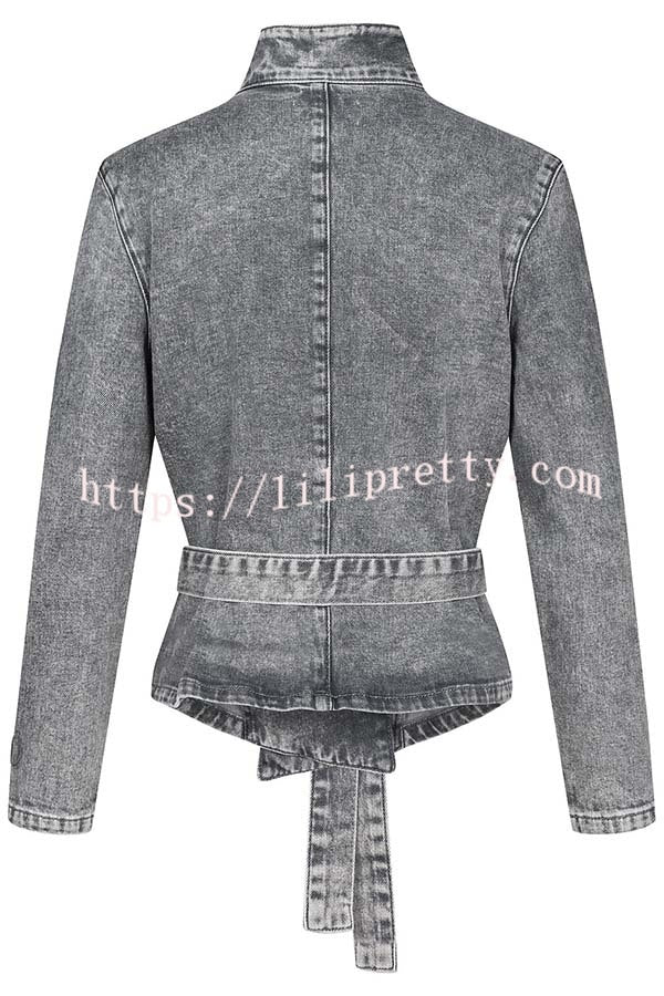 Casual Meetup Denim Stand Neck Long Sleeve Belted Loose Jacket
