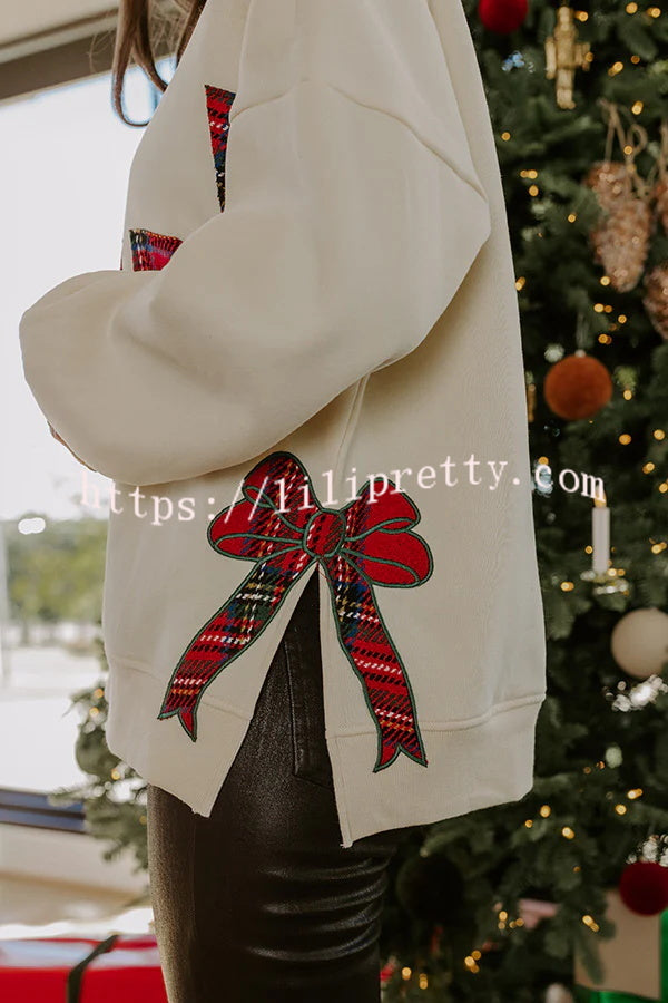 Merry Plaid Embroidered Bow Long-Sleeve Loose Sweatshirt