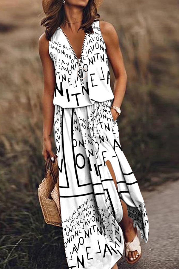 Lilipretty Fashion Modern Letter Print Zipper Neck Daily/Vacation Maxi Dress