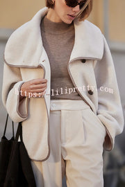 Romane Faux Fleece Fabric Contrast Trim Long Sleeve Knitted Pocket Lapel Loose Jacket