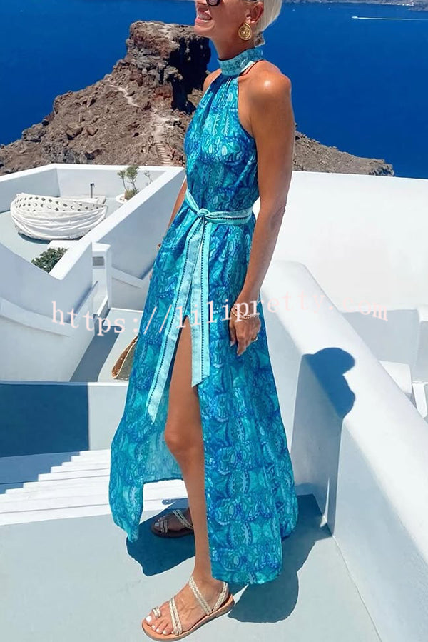 Unique Print Sexy Off-the-shoulder Waist Tie Slit Holiday Midi Dresses