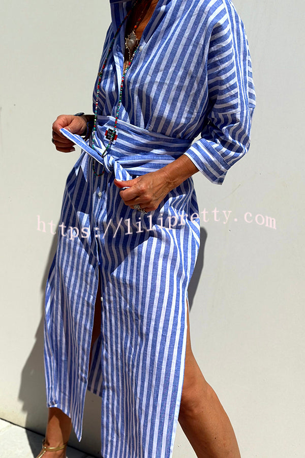 Summer Splendor Printed Button Half Sleeve Belt Loose Shirt Midi Dress