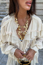 Autumn Boho Chiffon Lace Trim Ruffle Balloon Sleeve Blouse