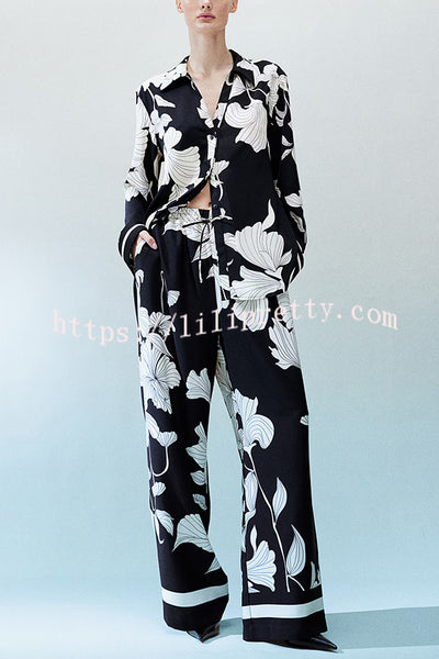 Unique Print Lapel Long Sleeve Loose Shirt and Elastic Waist Casual Pocket Wide Leg Pants Set