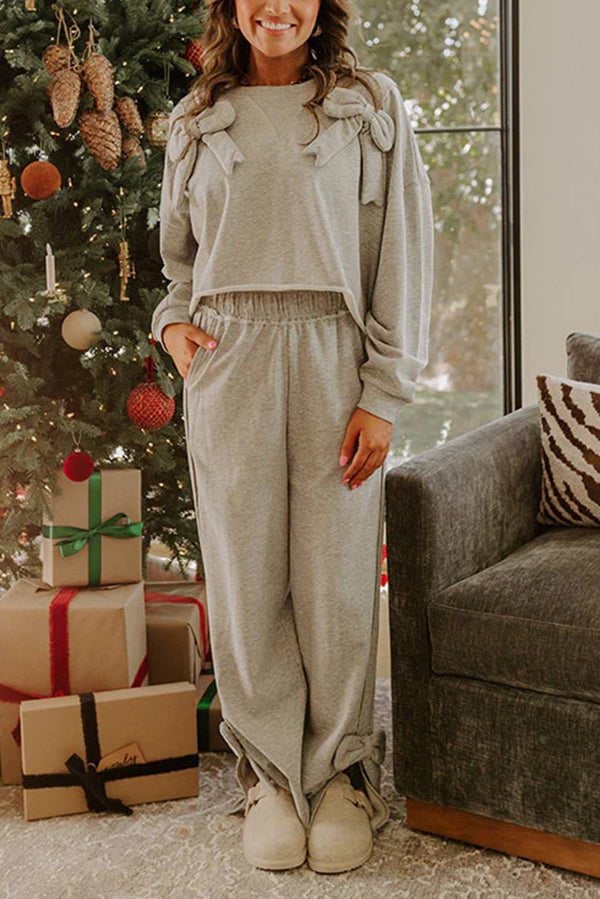 Dear Daydream Loose Bow Tie Long-Sleeved Sweatshirt and Elastic Waist Pocket Pants Set