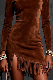 Stylish Suede Turtleneck Long-sleeved Slim-fit Tassel Mini Dress
