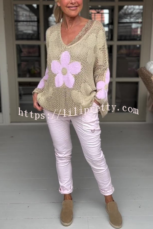 Embroidered Flower Hollow Long-sleeved Holiday Loose Knitted Top