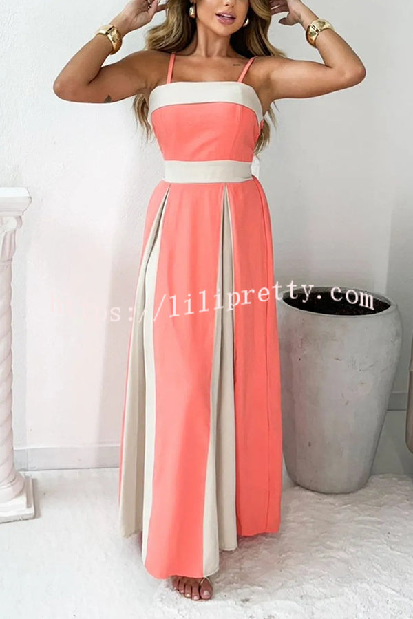 Fashion Contrast Color Sling Back Pleated Lace Up Maxi Dress