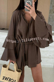Solid Color V-neck Ruffled Long Sleeve Waist Tie Mini Dress