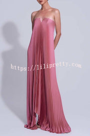 Darling Moment Satin Fabric Off Shoulder V-neck Asymmetric Hem A-line Maxi Dress