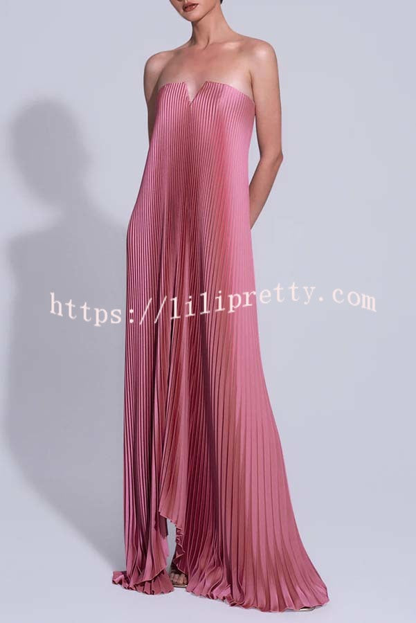 Darling Moment Satin Fabric Off Shoulder V-neck Asymmetric Hem A-line Maxi Dress