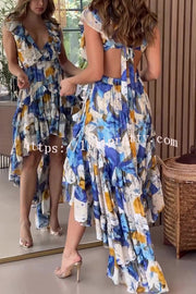 Boho Floral Print Sexy V-neck Backless Resort Maxi Dress