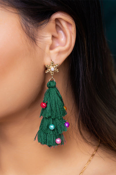 LIlipretty Bohemian Lightweight Christmas Tree Tassel Beaded Earrings