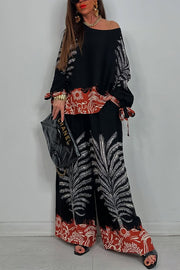 Unique Print Loose Drawstring Long Sleeve Top and Elastic Waist Casual Pocket Wide Leg Pants Set