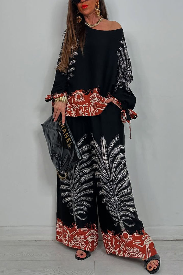 Unique Print Loose Drawstring Long Sleeve Top and Elastic Waist Casual Pocket Wide Leg Pants Set