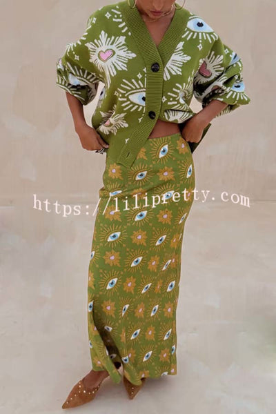 Mysterious Magic Satin Eye Heart Pattern Elastic Waist Drape Maxi Skirt