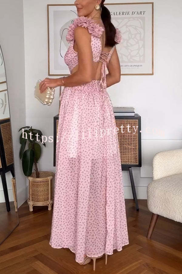 Wedding Dreams Chiffon Printed Flutter Sleeve Cutout Back Lace-up Maxi Dress