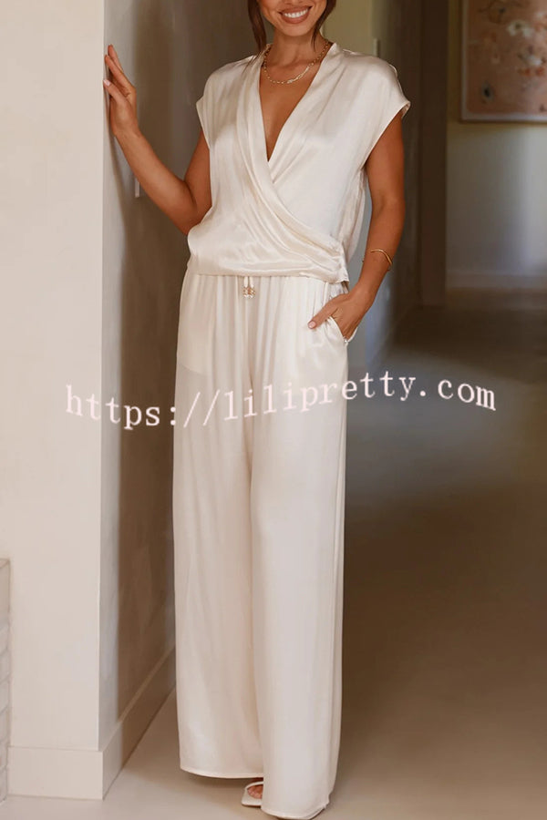 Brylee Satin Wrap Drape Style Top and Elastic Waist Pocket Wide Leg Pants Set