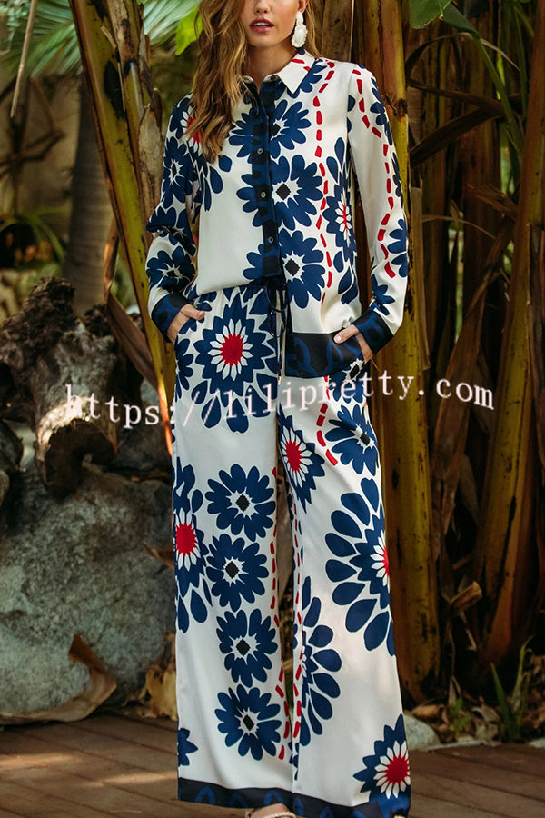 Unique Printed Lapel Long-sleeved Loose Shirt and Casual Pocket Wide-leg Pants Set