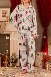 Christmas Holiday Print Long Sleeve Pocket Top and Elastic Waist Loose Pants Set