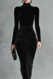 Solid Color Velvet Slim-fit Long-sleeved Elegant Pleated Midi Dress