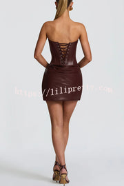 Palmer Faux Leather Pleated Off Shoulder Neck Slit Stretch Mini Dress
