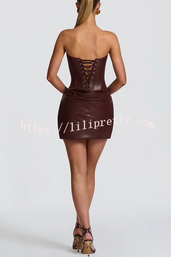 Palmer Faux Leather Pleated Off Shoulder Neck Slit Stretch Mini Dress