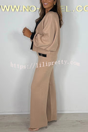 Fashion Contrast Color V-neck Loose Cardigan and Elastic Waist Casual Pants Set