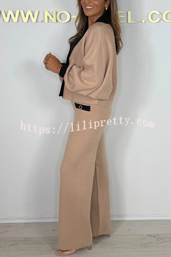Fashion Contrast Color V-neck Loose Cardigan and Elastic Waist Casual Pants Set