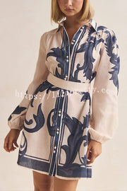 Botanical Print Lapel Puff Sleeve Vintage Belt Loose Mini Dress