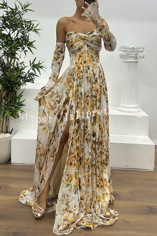 Reina Chiffon Floral Print Pleated Bodice Split Sleeve Strapless Slit Maxi Dress