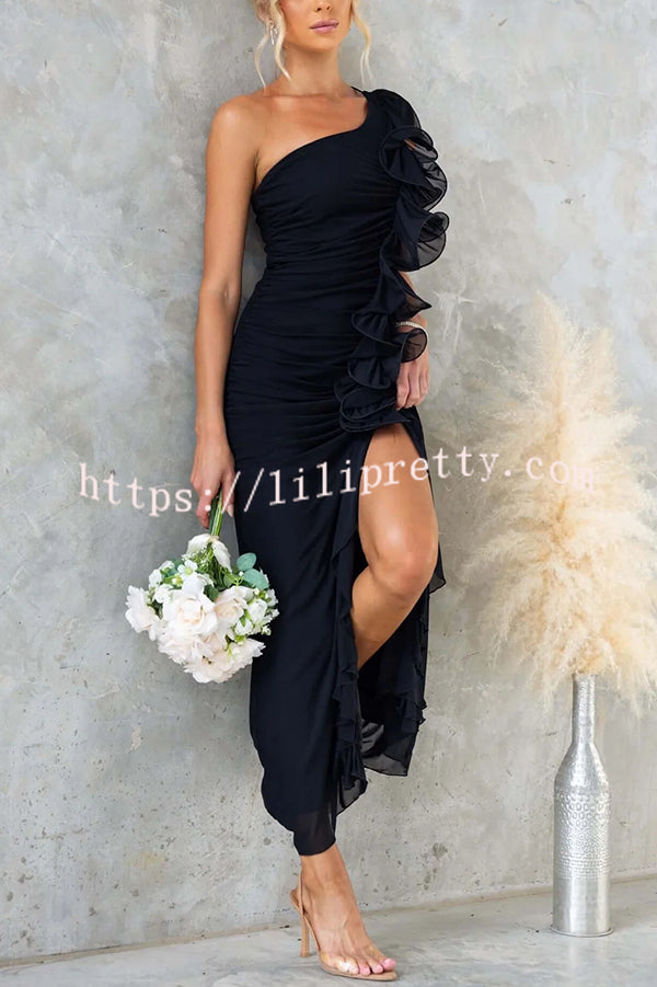 Fashion One-shoulder Pleated Sexy High Slit Slim Dress