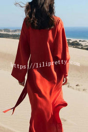 Linen Blend Solid Color Casual Lapel Tie Loose Maxi Dress