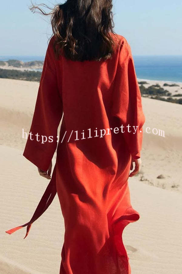 Linen Blend Solid Color Casual Lapel Tie Loose Maxi Dress