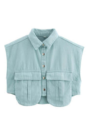 Stylish Weekend Denim Button Up Cape Sleeve Pocket Crop Top