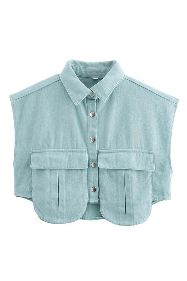 Stylish Weekend Denim Button Up Cape Sleeve Pocket Crop Top