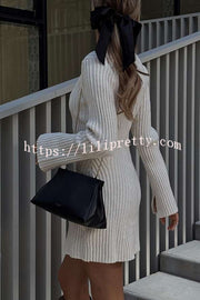 Beautiful Basic Ribbed Knit Long Slit Sleeve Flare Stretch Dress